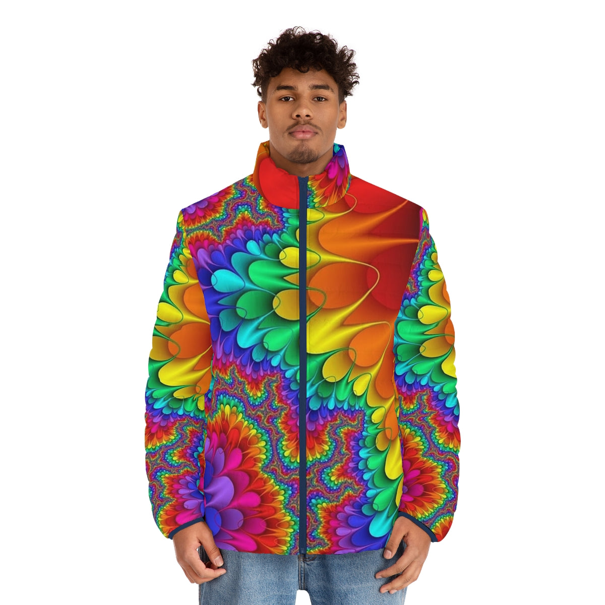 Psychedelic rainbow puffer jacket with vibrant colors and patterns - men front