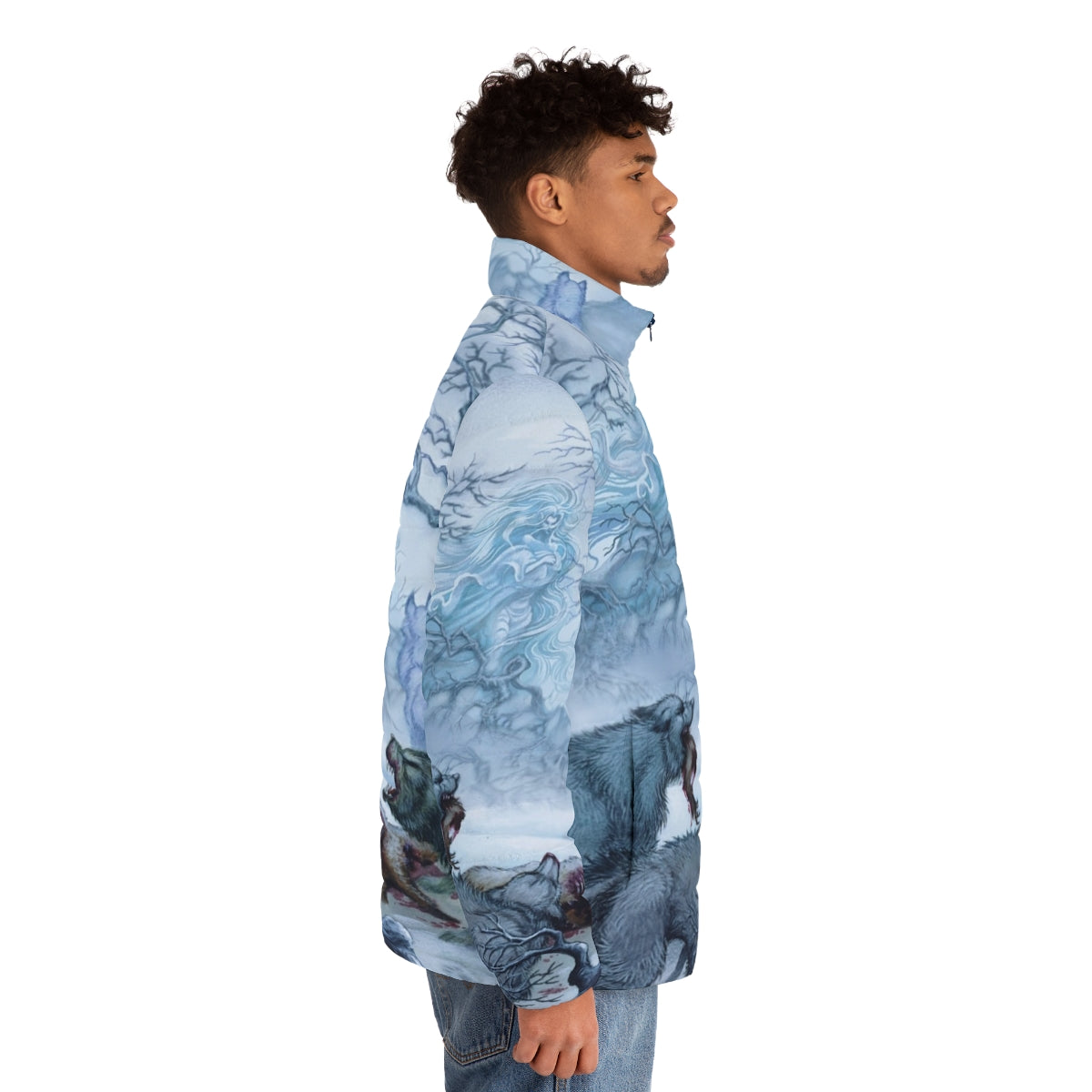 Elfquest inspired puffer jacket with wolf design - men side right