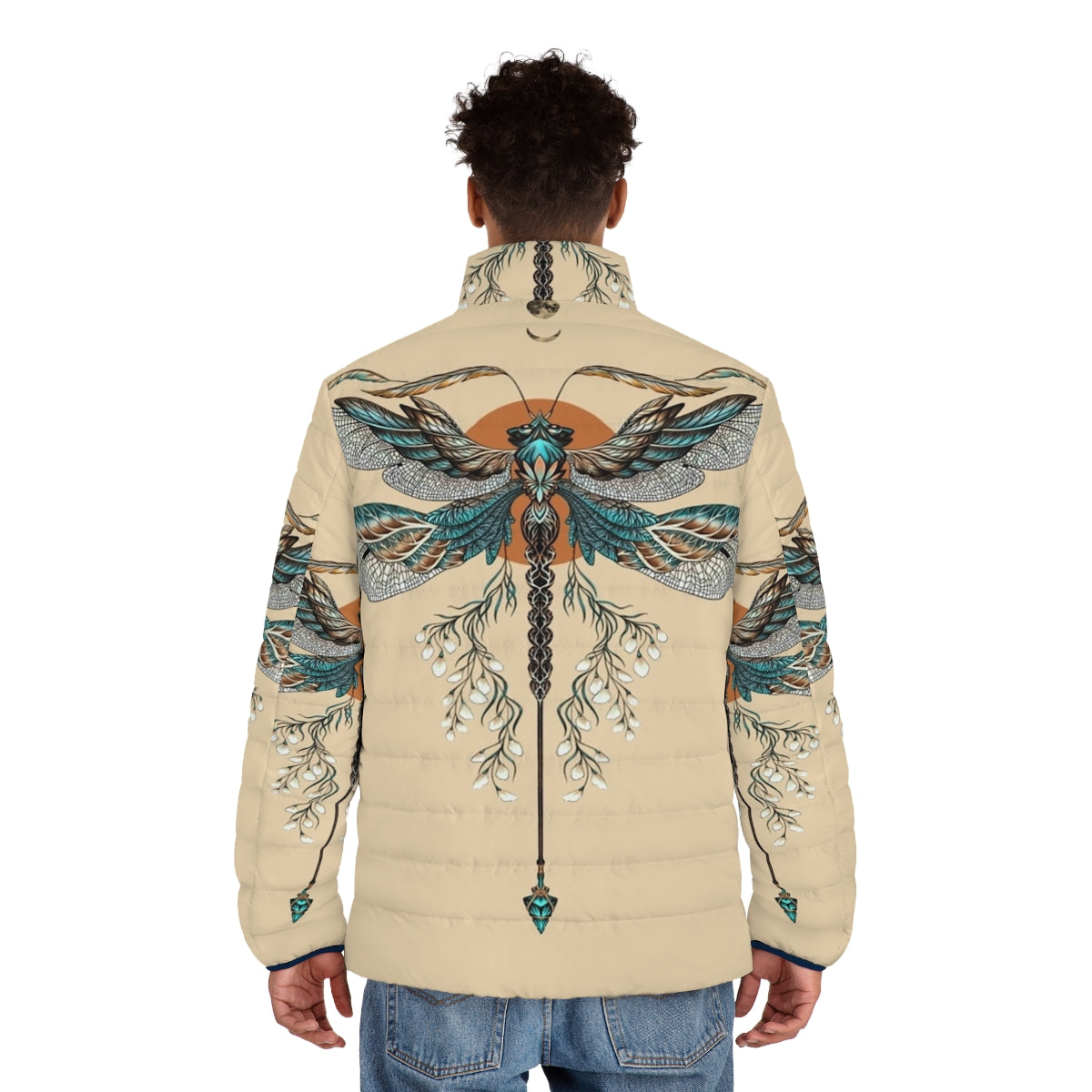 Dragonfly tattoo puffer jacket for men, featuring a mythical dragon design - men back