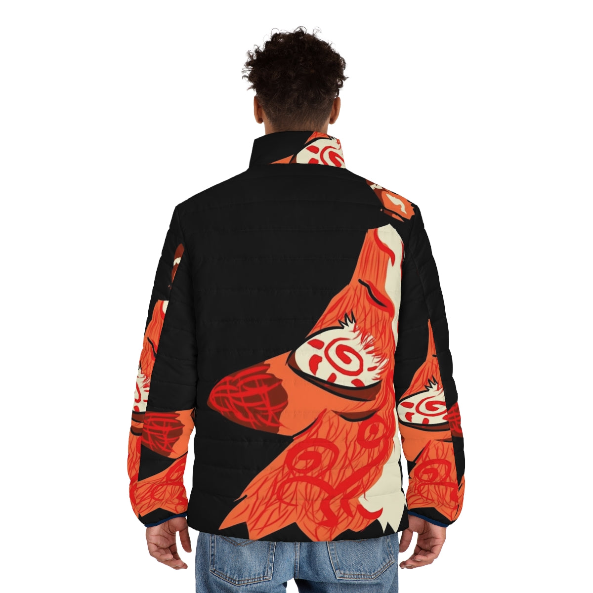 Kitsune spirit red fox puffer jacket with fall and autumn design - men back