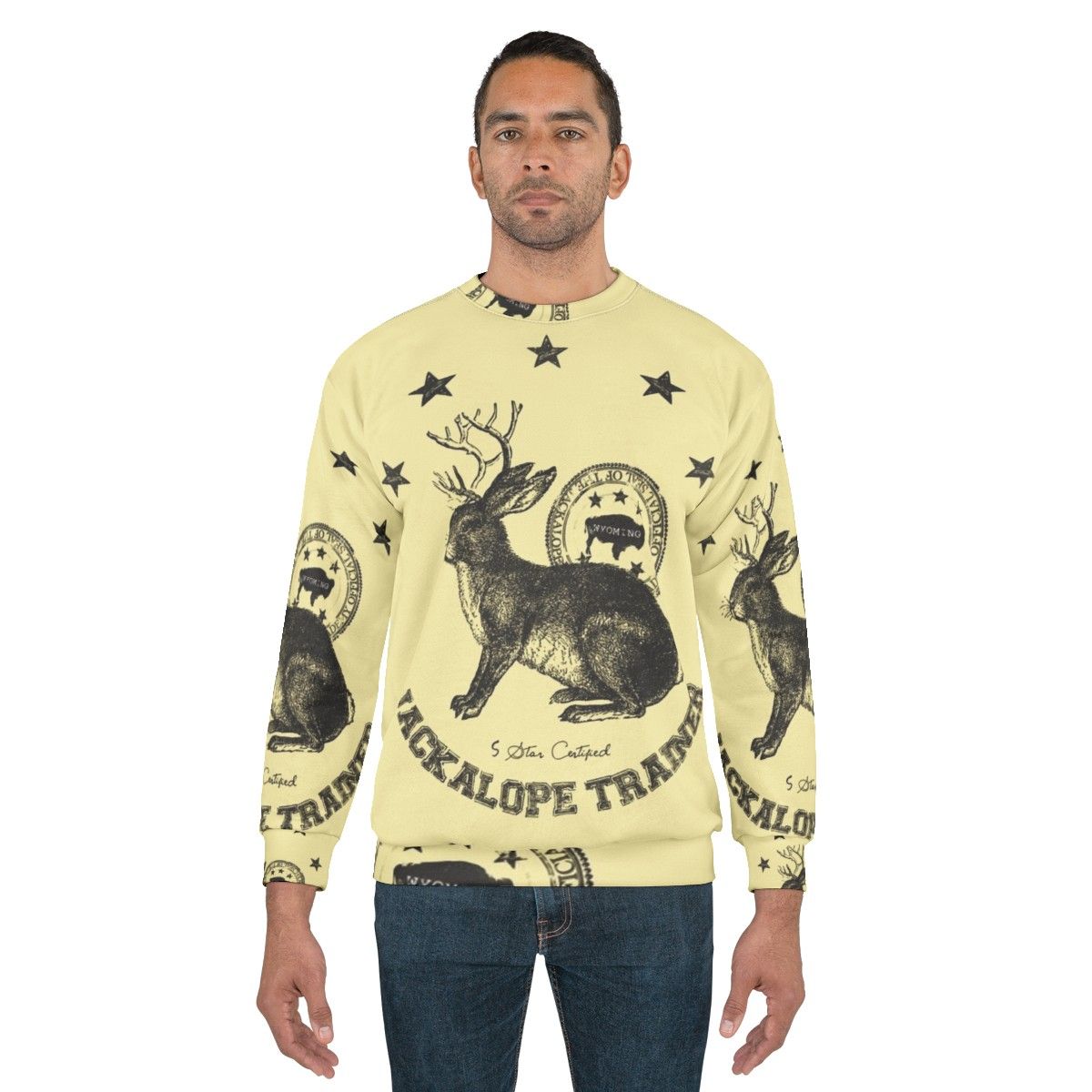 Beige sweatshirt with jackalope graphic, mythical animal trainer design - men