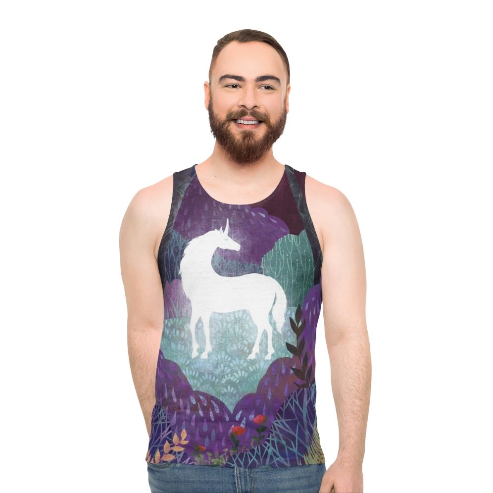 The Last Unicorn Unisex Tank Top featuring a magical unicorn in a fantasy forest - men