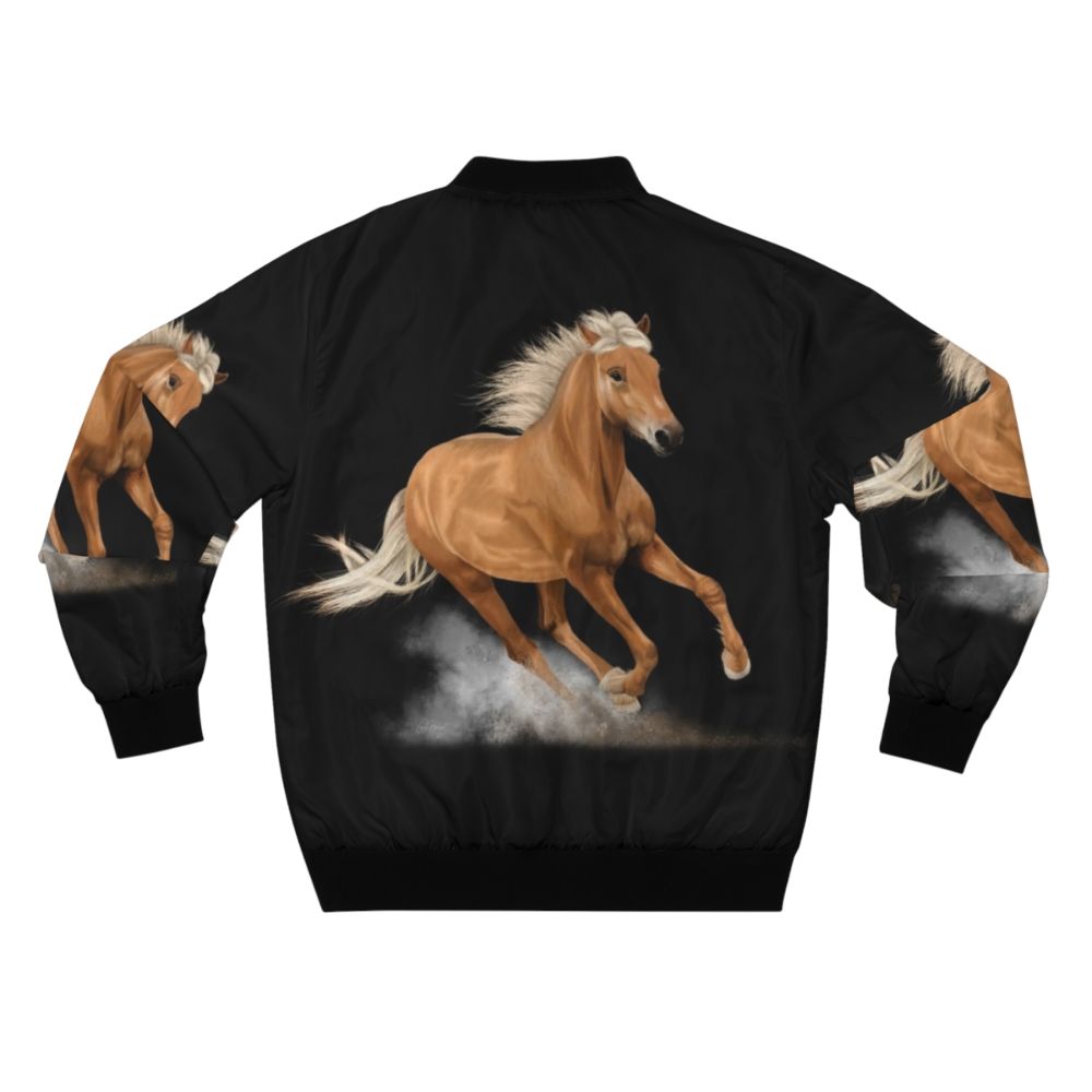 A bomber jacket featuring a running palomino horse painting - Back