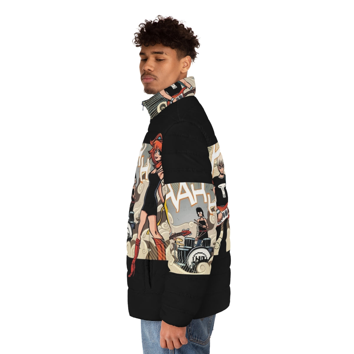 The Clash At Demonhead vegan puffer jacket, featuring retro 80s indie rock band design - men side left