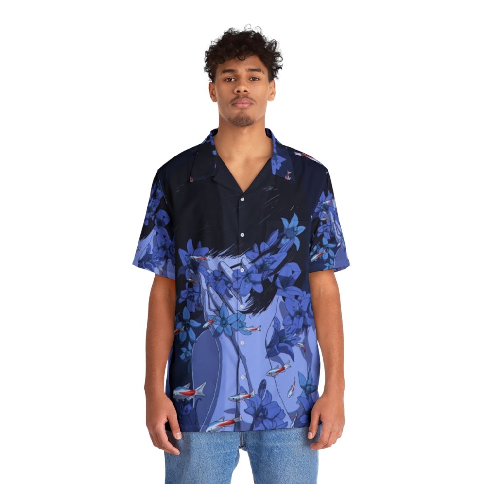 Retro blue Hawaiian shirt with anime-inspired cartoon design - People Front