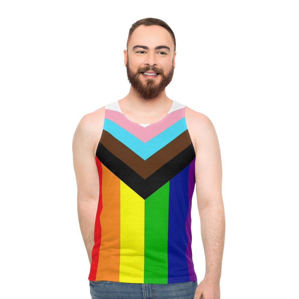 Unisex tank top with progressive rainbow pride flag - men