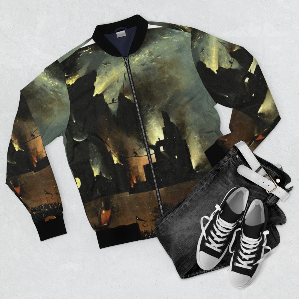 Hieronymus Bosch inspired bomber jacket featuring hell-themed imagery - Flat lay