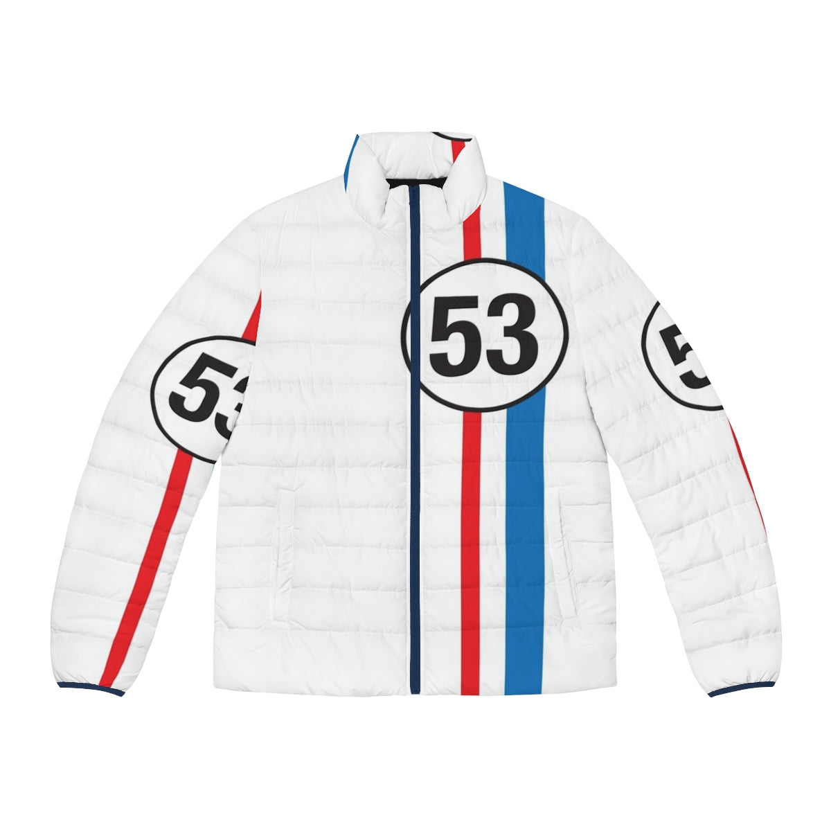 Herbie the Love Bug inspired puffer jacket with retro 53 beetle design