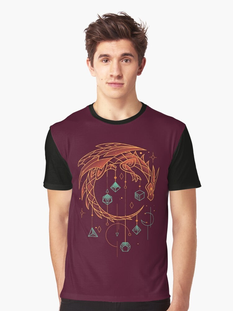 A minimalistic t-shirt design featuring a dragon-themed dice keeper, perfect for roleplaying gamers and fans of fantasy. - Men