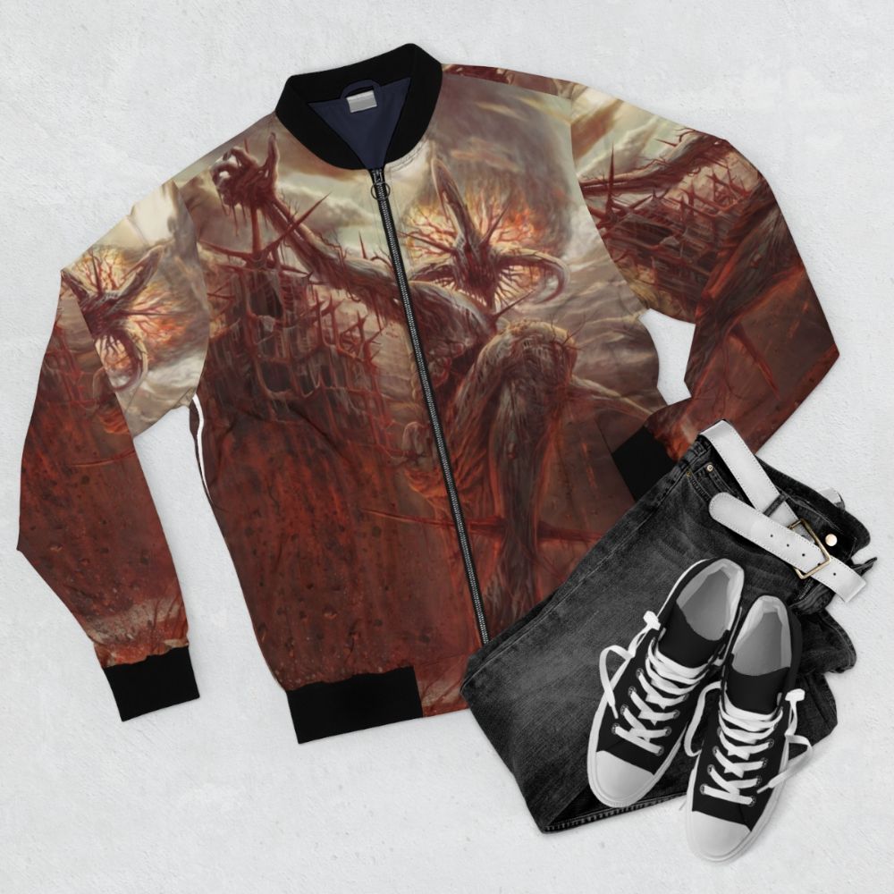 Beksinski-inspired bomber jacket featuring a dark, demonic "God of Pain" design - Flat lay