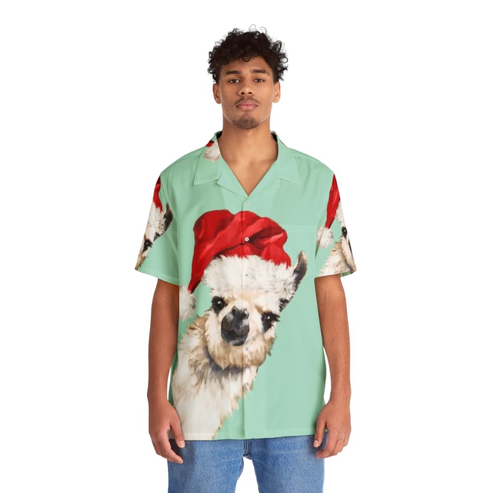 Cute llama wearing a green Hawaiian shirt for Christmas - People Front