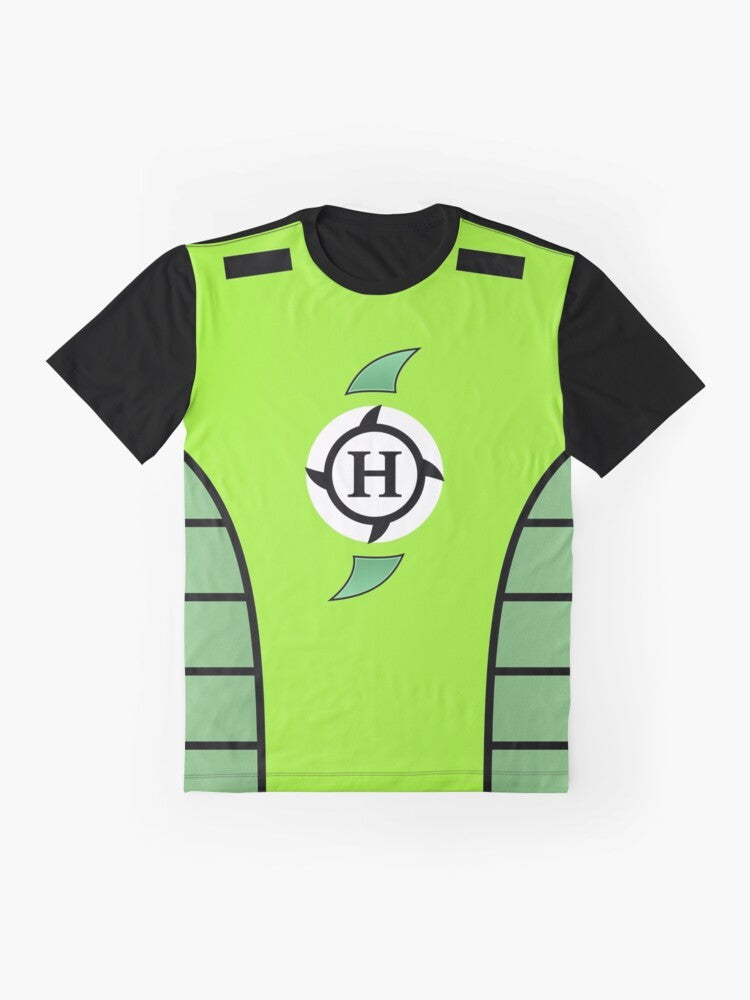 Hurricane Helms retro wrestling superhero graphic t-shirt - Flat lay