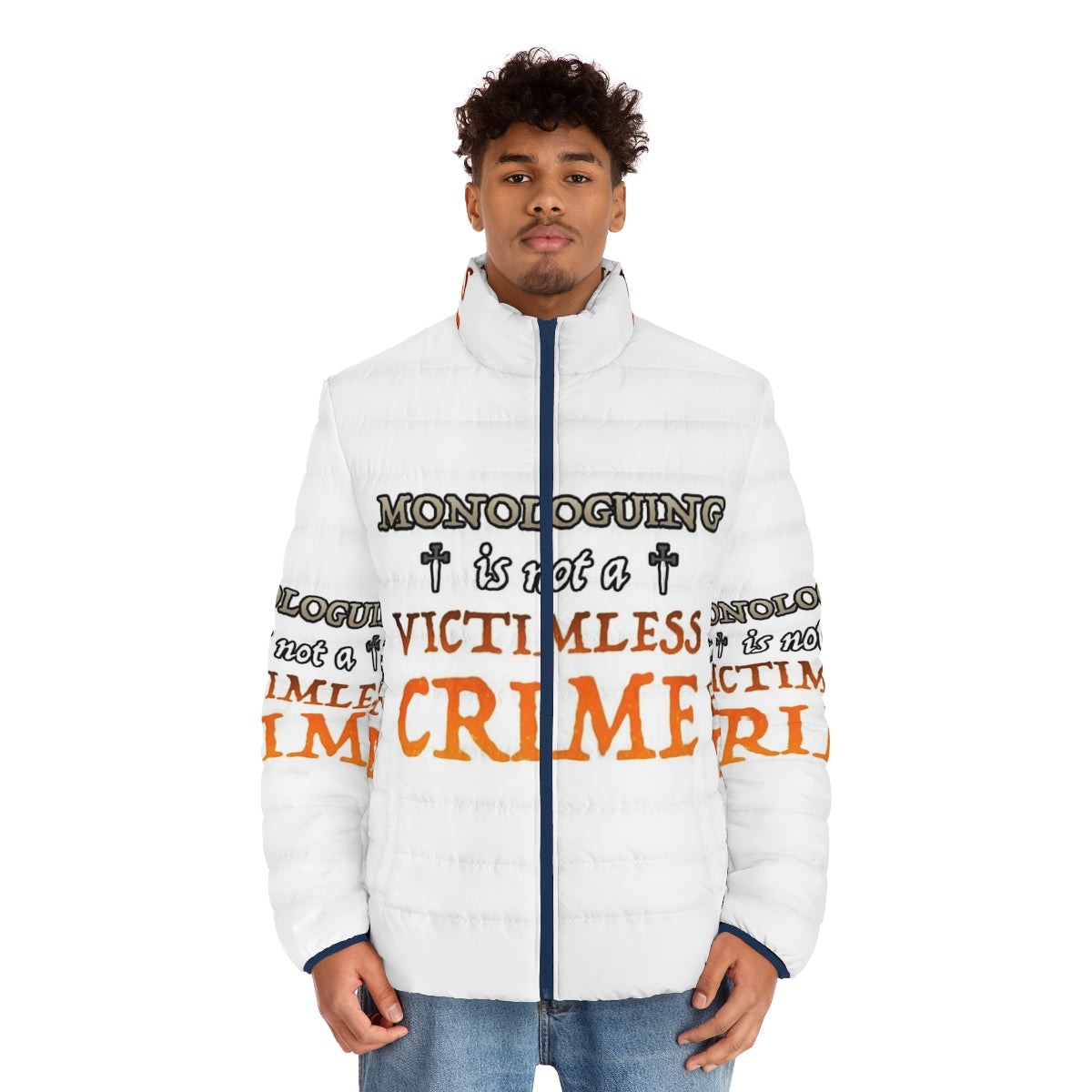 Puffer jacket with "Monologuing Is Not A Victimless Crime" design, featuring a focus on Shakespeare's tragedies and villain monologuing. - men front