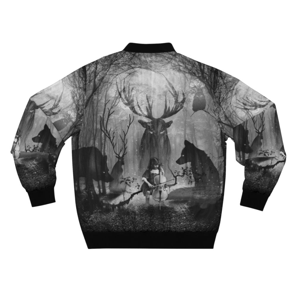 Enchanted Forest Music Bomber Jacket with Cello, Deer, Fox and Wolf Graphic Design - Back