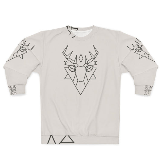 Mystic deer graphic sweatshirt with forest, moon, and stars design