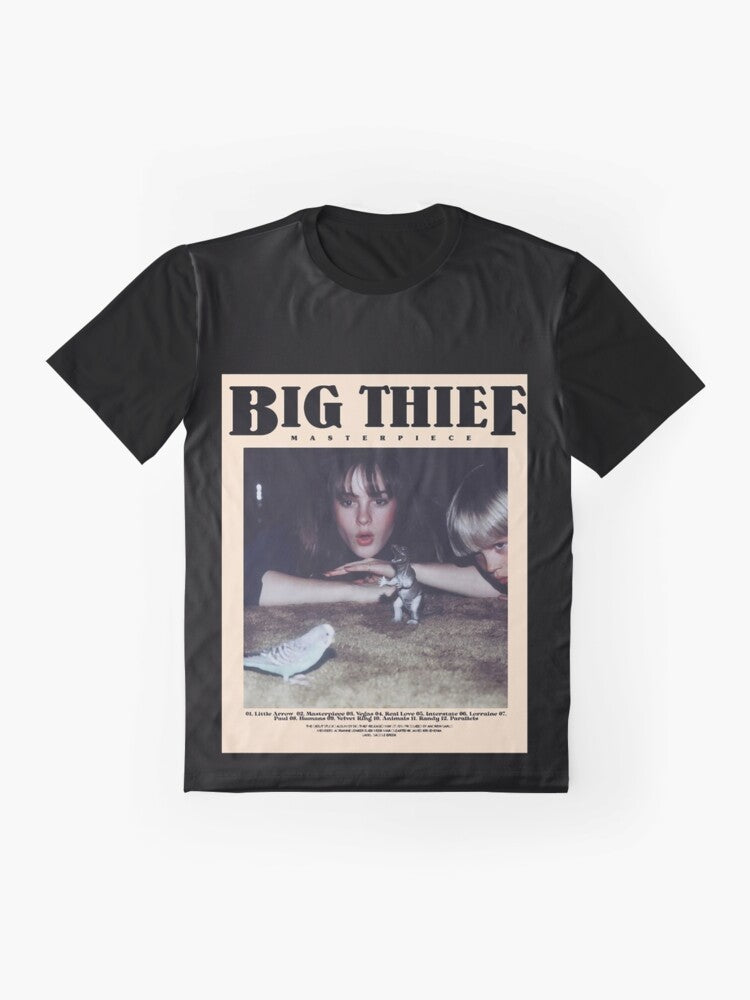 Big Thief indie music, folk music, and alternative music band graphic t-shirt design featuring the band's name and logo. - Flat lay