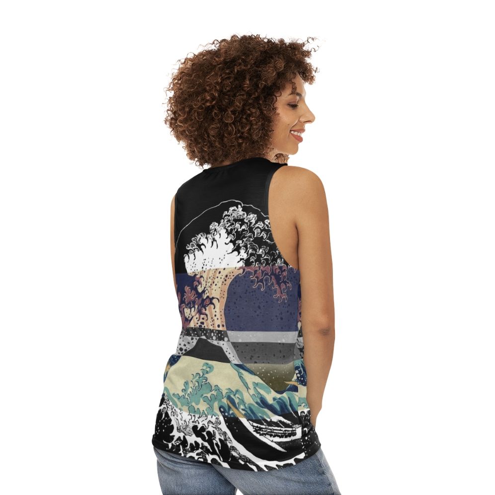 Unisex tank top featuring Hokusai's famous Great Wave print - women back