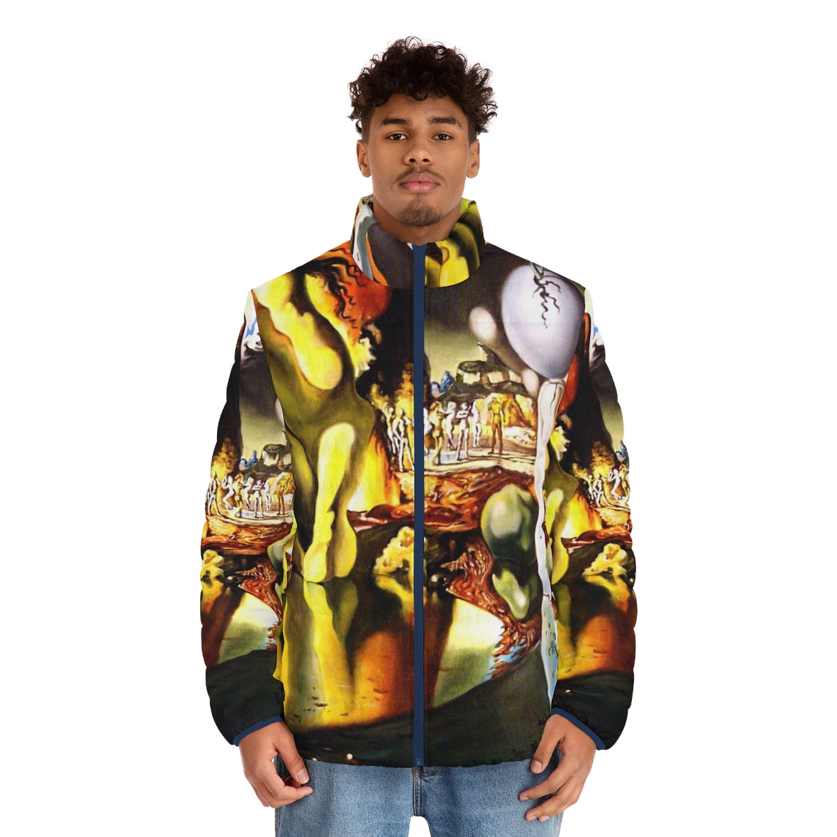 Puffer jacket featuring Salvador Dali's surrealist painting "Metamorphosis of Narcissus" - men front