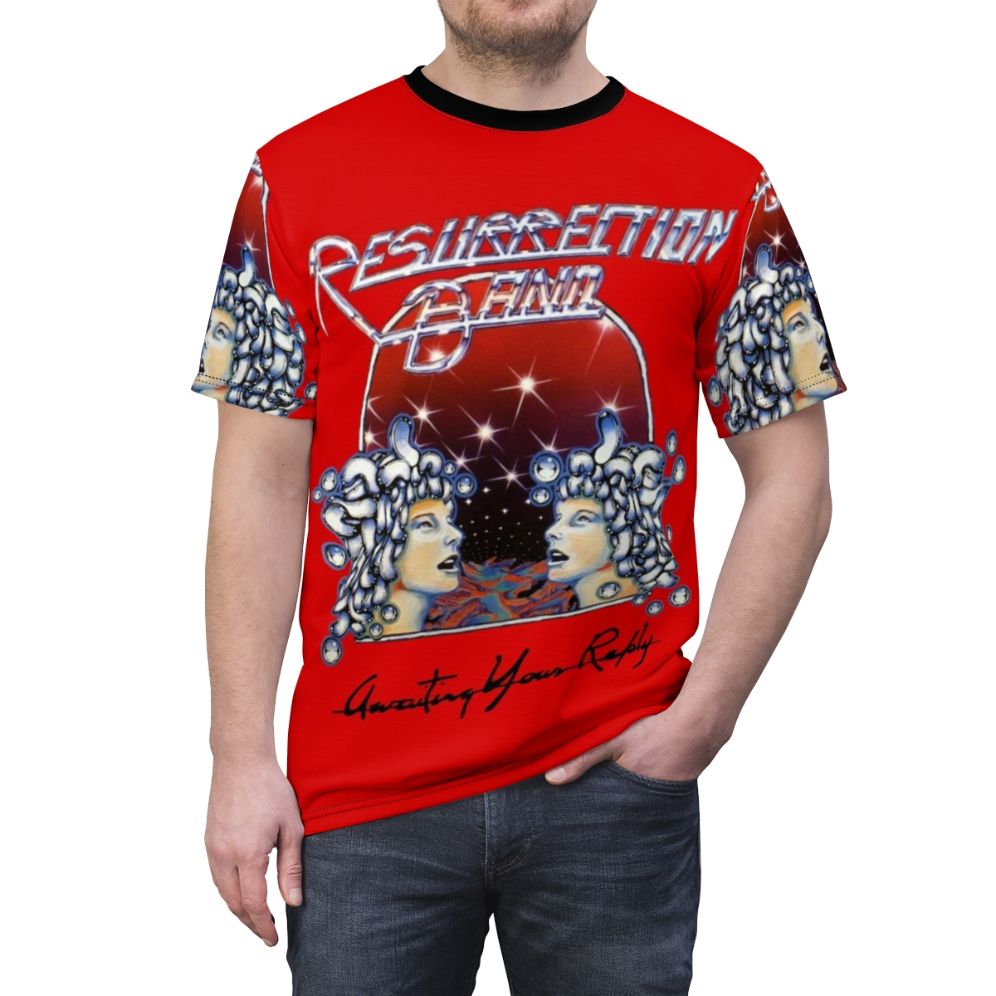 Resurrection Band Inspired Christian T-Shirt with Awaiting Your Reply Design - men front