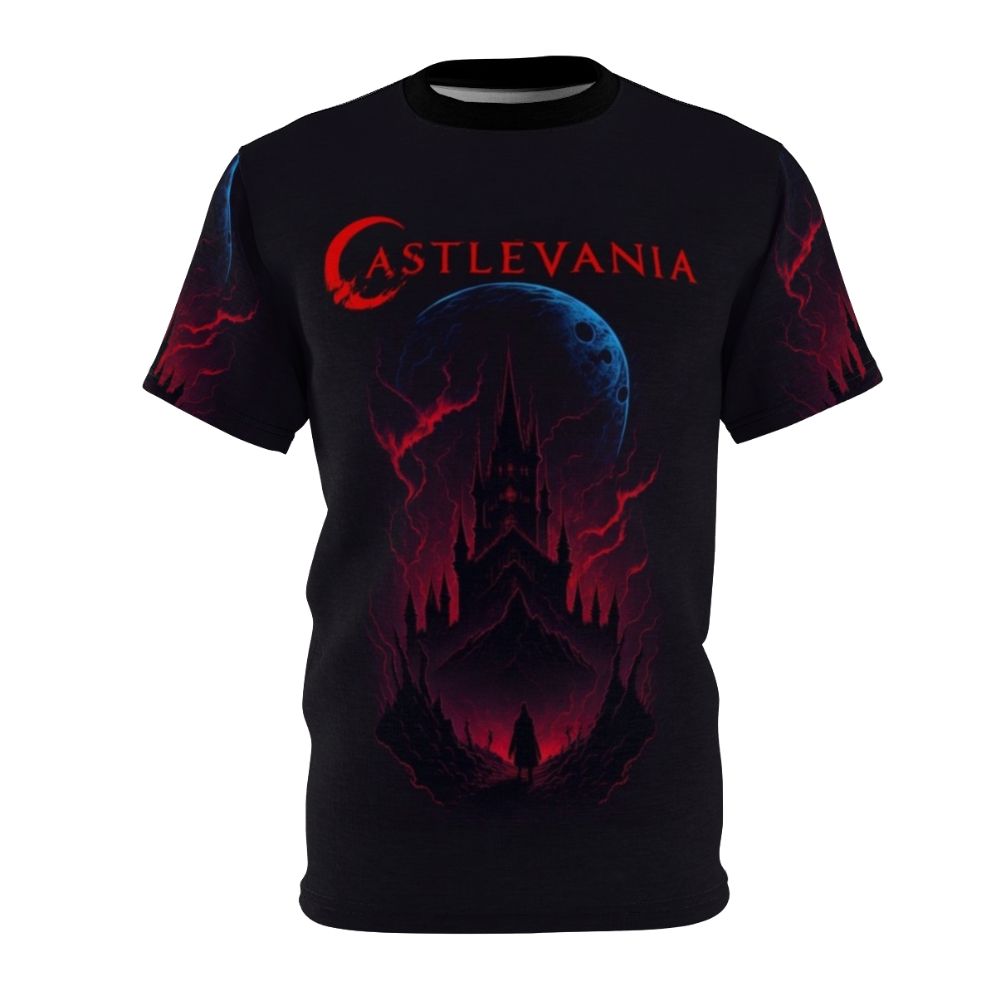 A chilling Castlevania-inspired horror design T-shirt featuring imagery and characters from the Netflix Castlevania anime series.