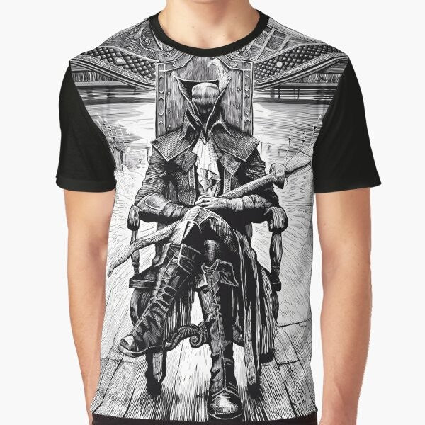 Lady Maria, a character from the video game Bloodborne, on a graphic t-shirt design.