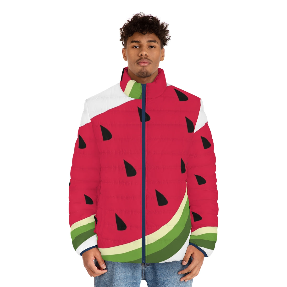 Watermelon Puffer Jacket with Vibrant Digital Print Design - men front