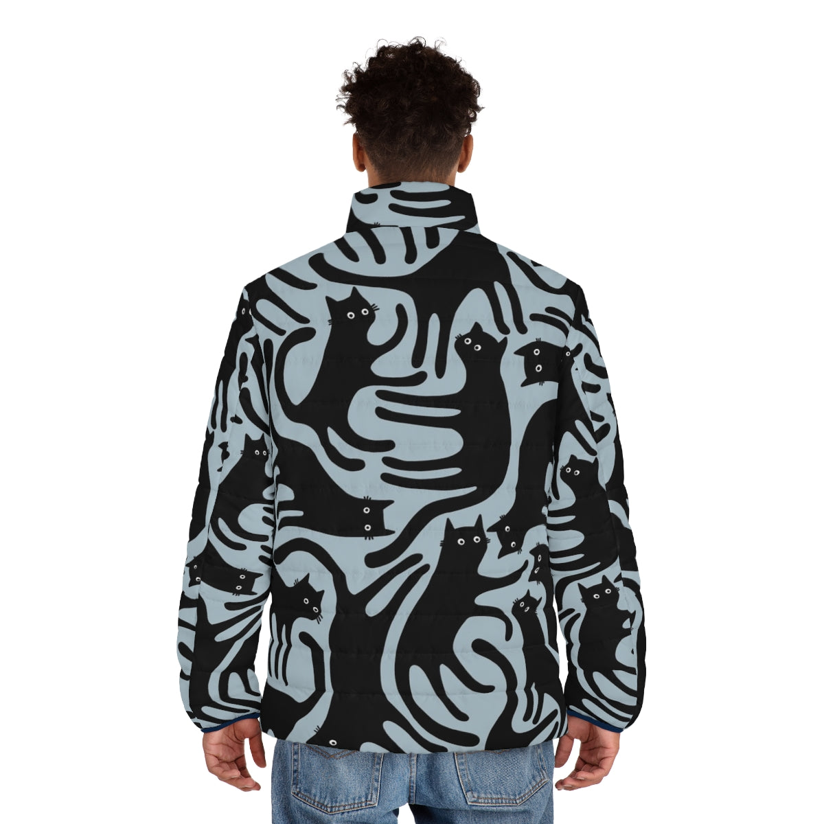 Black cat puffer jacket with blue patterns - men back