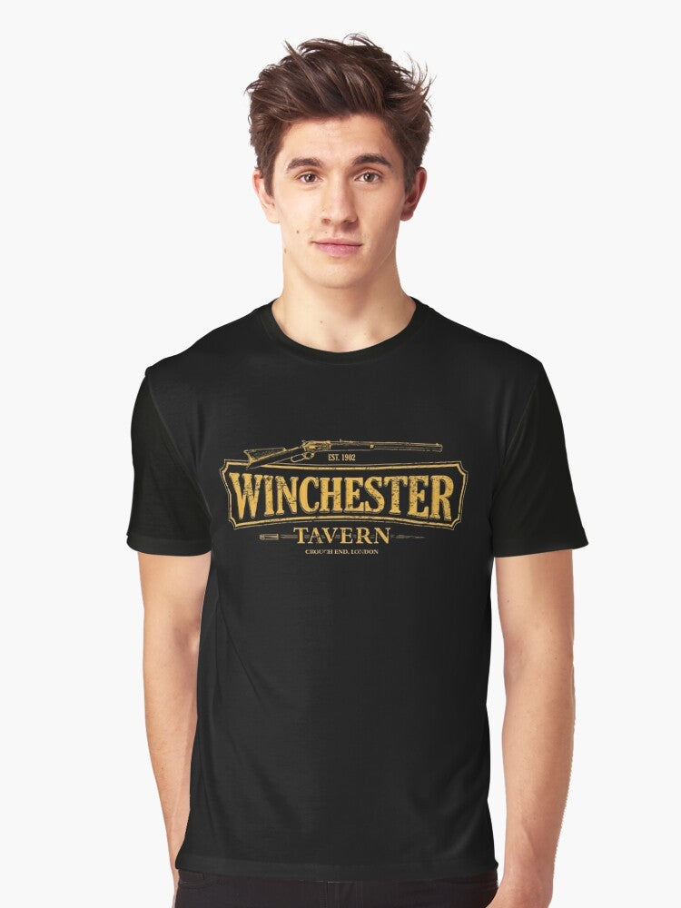 Winchester Tavern Shaun Of The Dead Graphic T-Shirt featuring the iconic movie characters and a zombie attack scene - Men