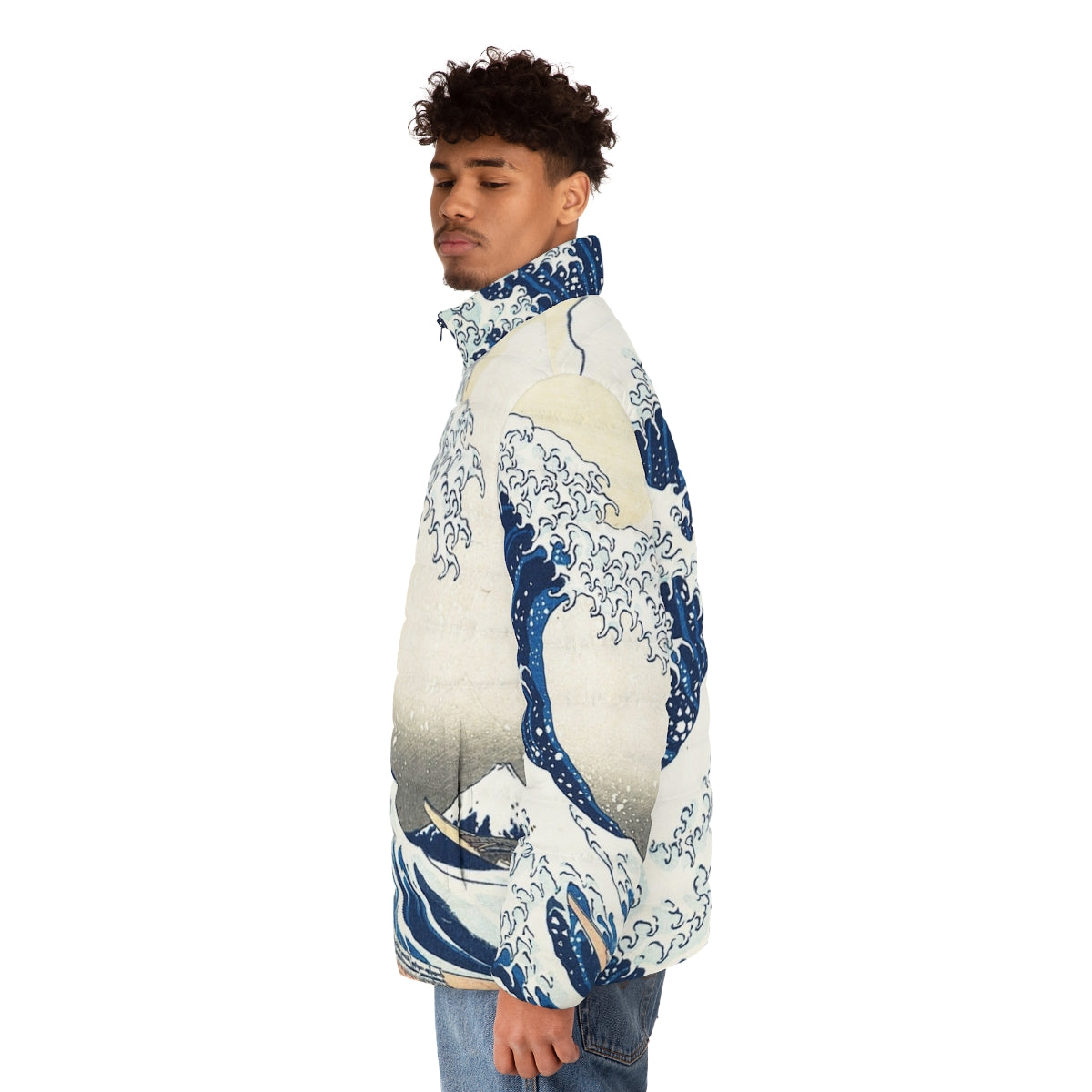 Kanagawa Wave Japanese Wave Puffer Jacket featuring the iconic Hokusai wave artwork - men side left