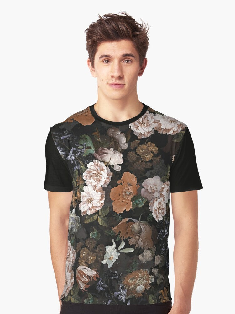 Antique botanical vintage flower graphic t-shirt with botanical night garden design - Men