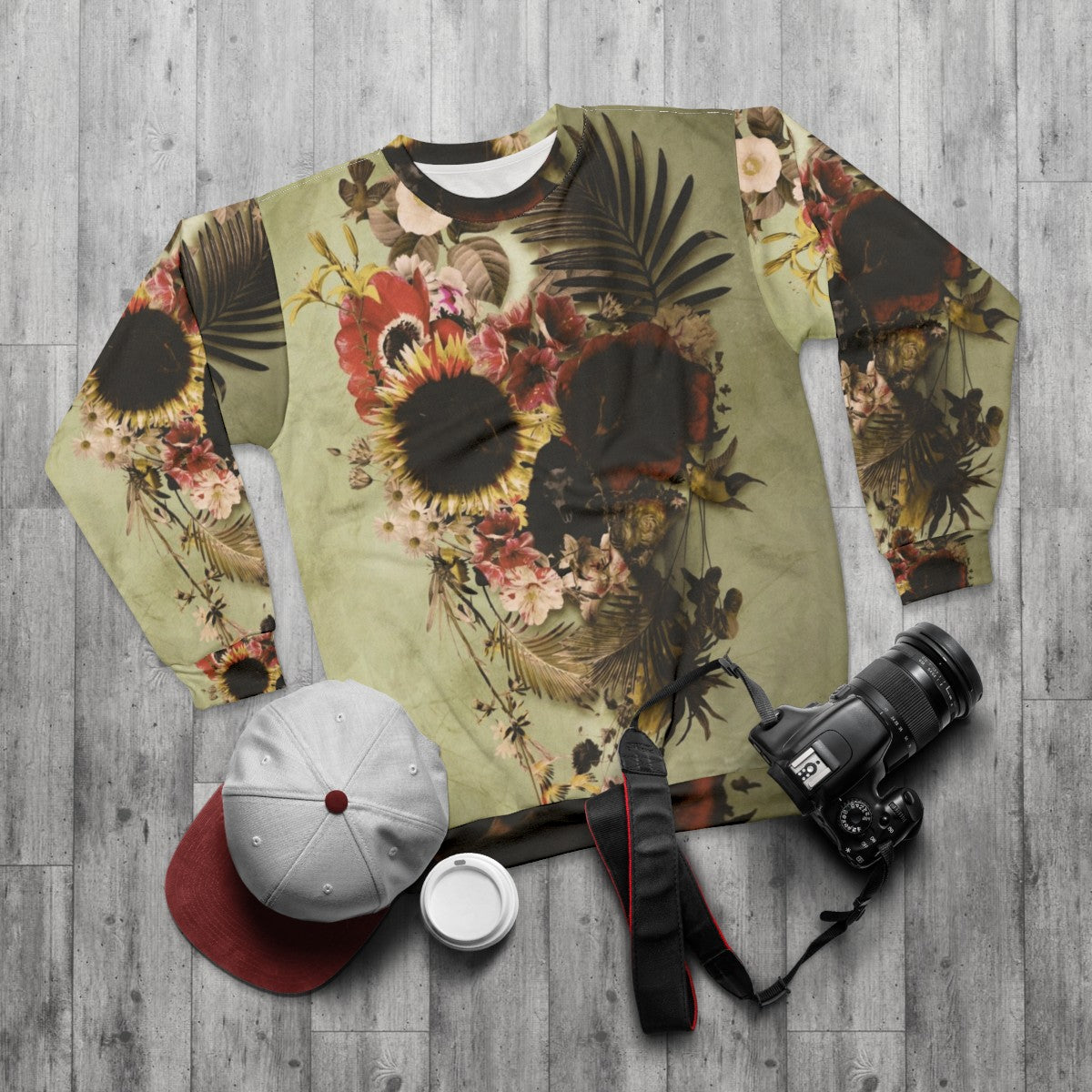 Boho garden skull floral sweatshirt - flat lay