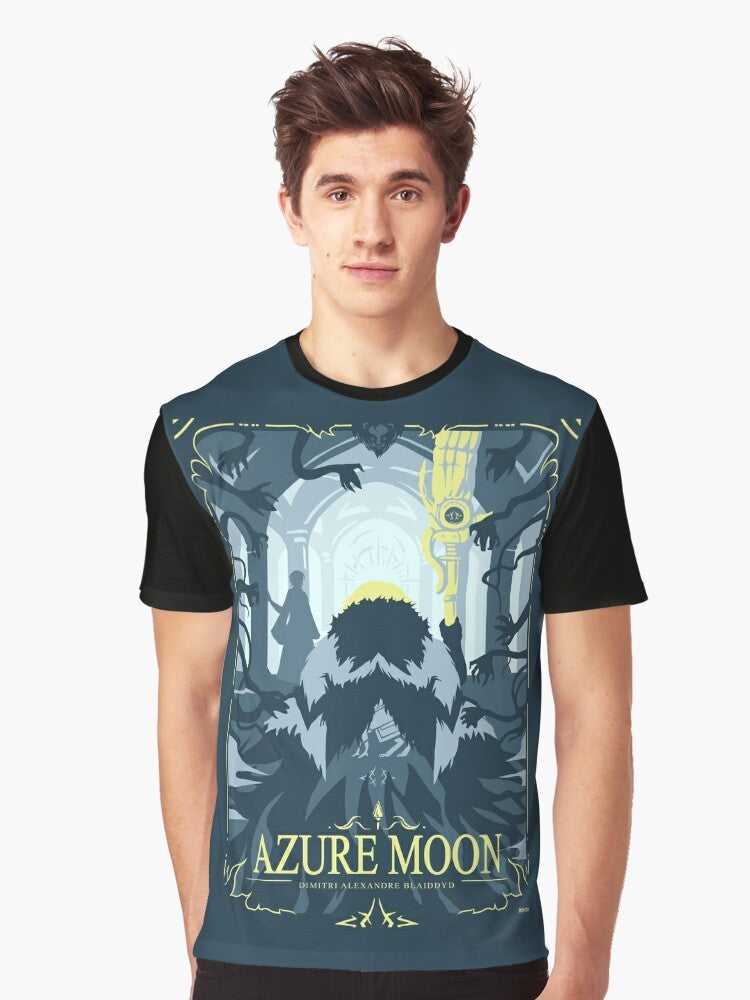 Azure Moon Fire Emblem Three Houses graphic t-shirt featuring characters Byleth, Claude von Riegan, Dimitri Alexandre Blaidd, and Edelgard von Hresvelg. - Men