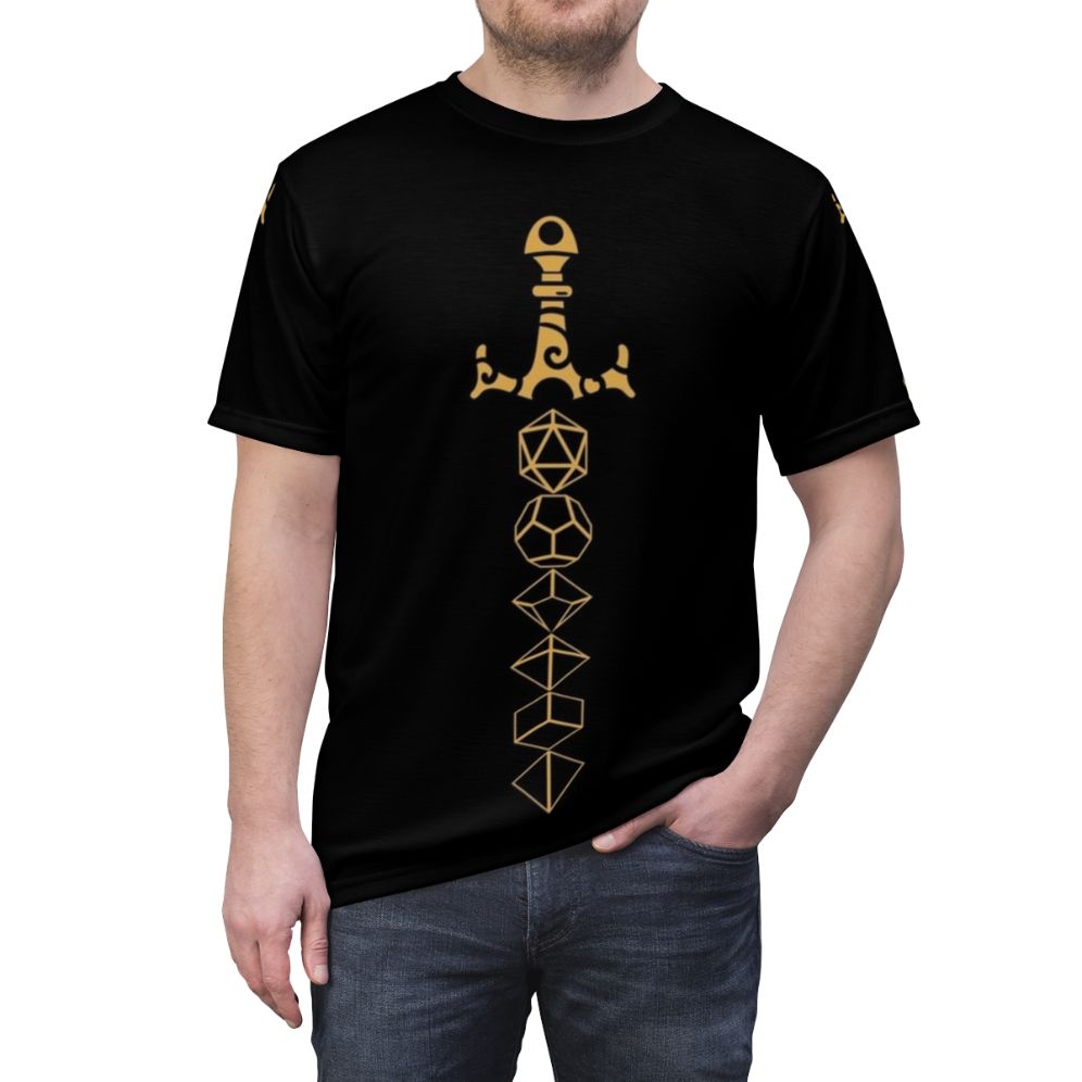 Tabletop RPG Fantasy Dice and Sword T-Shirt for Gamers and Geeks - men front