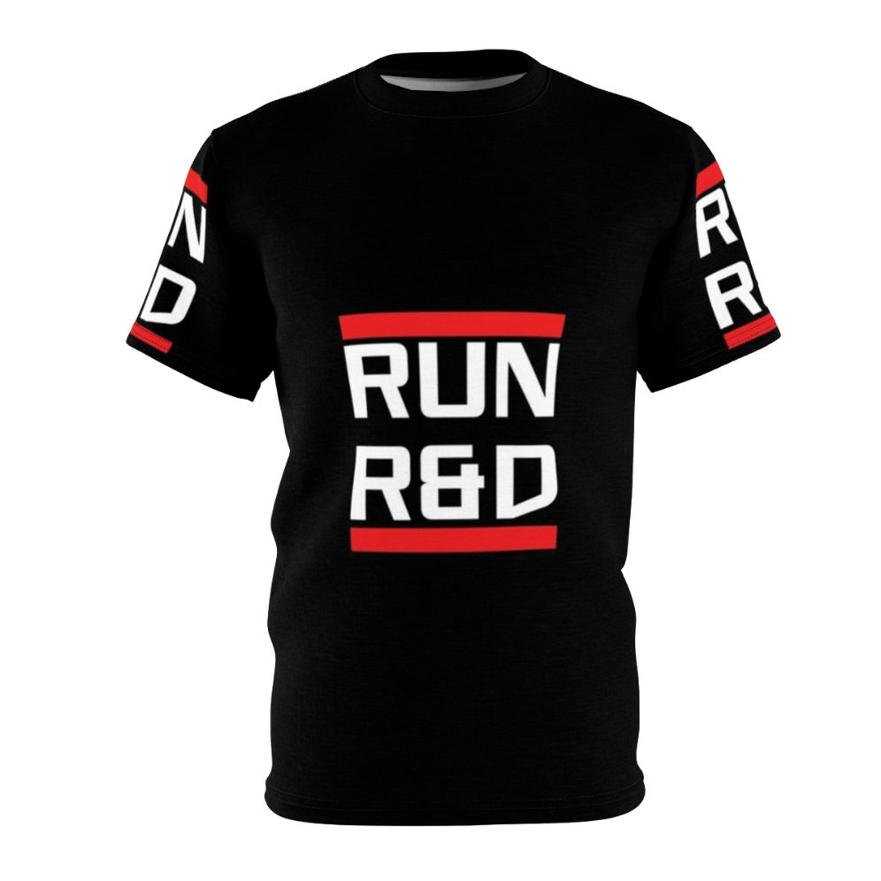 Cyberpunk-inspired Netrunner "Run R&D" graphic t-shirt for gaming enthusiasts