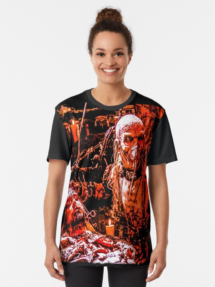 DR SATAN Horror Graphic T-Shirt, featuring a classic horror movie design - Women