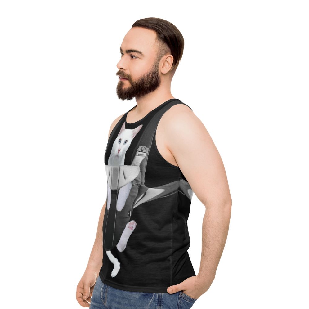 Cute tabby cat in a baby carrier on a unisex tank top - men side