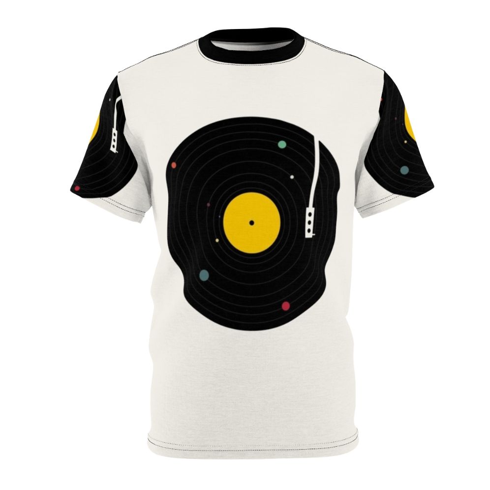 Cosmic music graphic t-shirt featuring a retro record player and planets in a minimalist space design