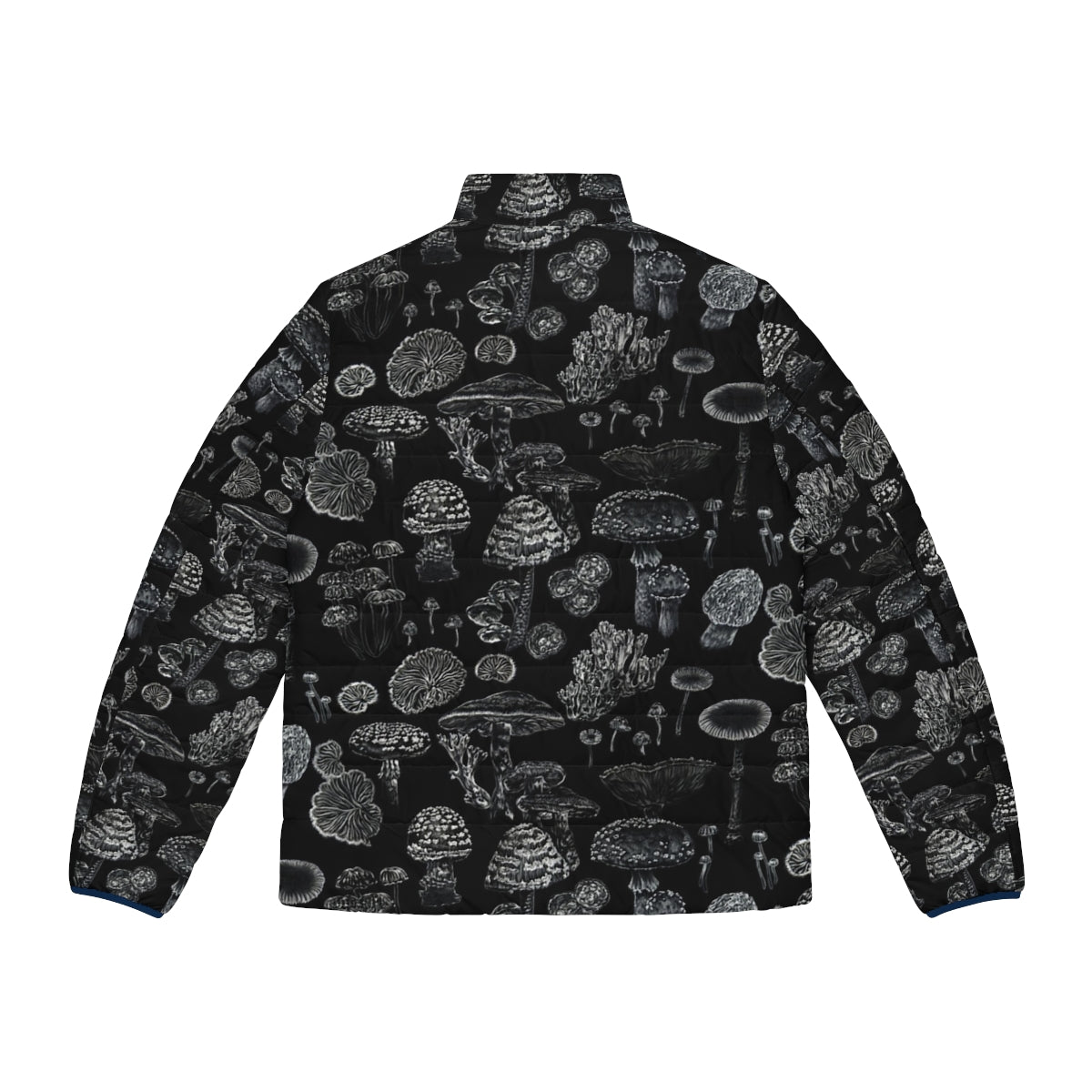 Black puffer jacket with mushroom and botanical motifs, perfect for goth and witchy fashion - Back