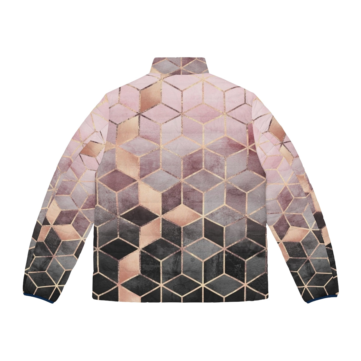 A puffer jacket featuring a gradient geometric cube pattern in pink and grey tones. - Back