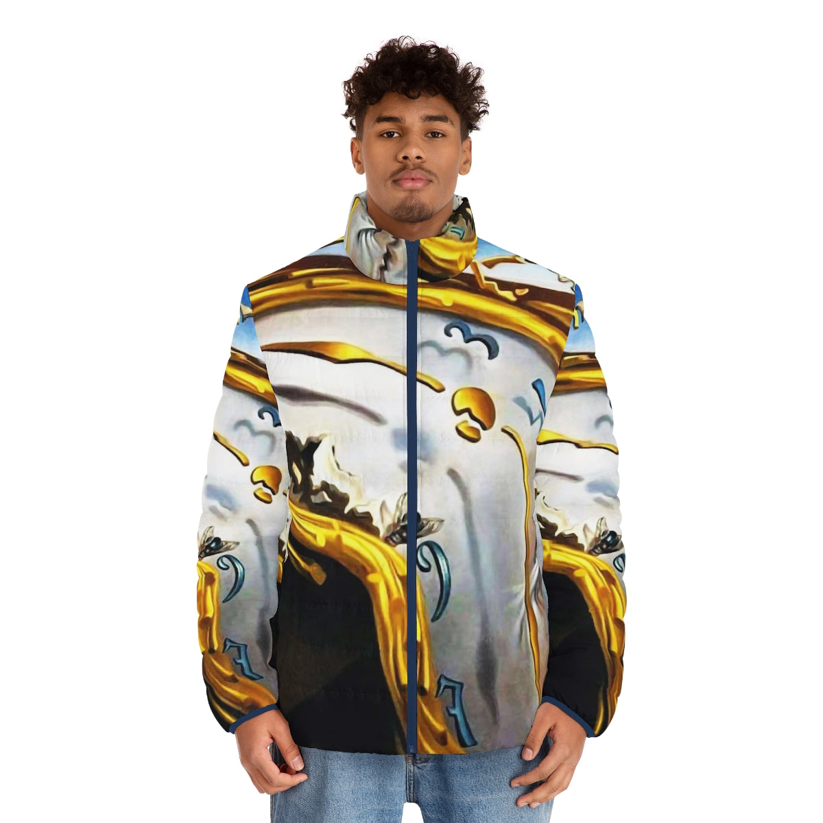 Salvador Dali inspired surreal puffer jacket featuring the iconic melting clocks design - men front