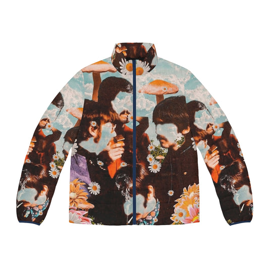 Colorful psychedelic flowers and mushroom puffer jacket