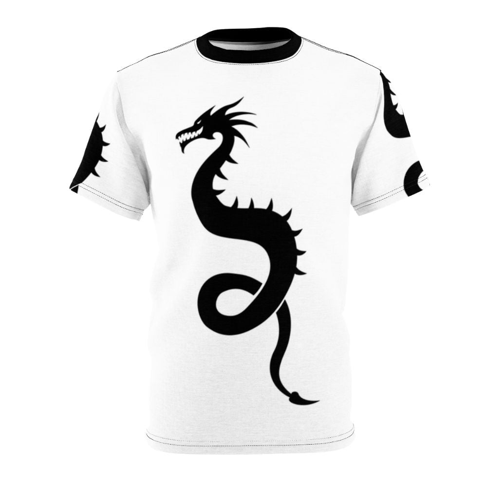 Illustration of a powerful, legendary dragon in a fantasy style art design on an all-over print t-shirt.