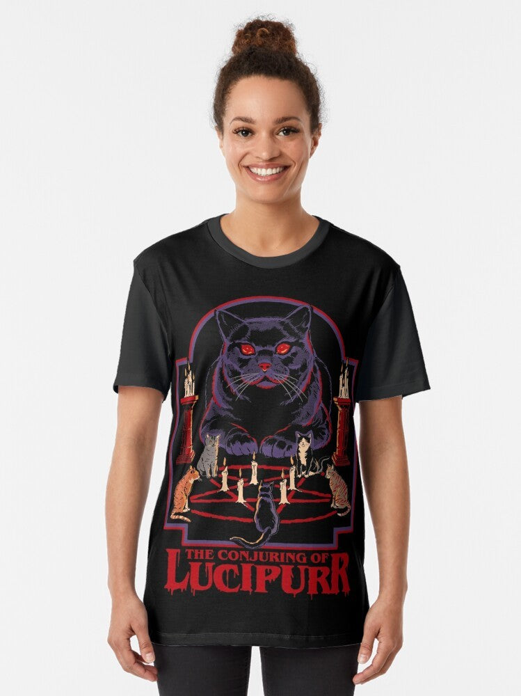 Lucipurr retro occult cat graphic t-shirt with pentagram and flames - Women