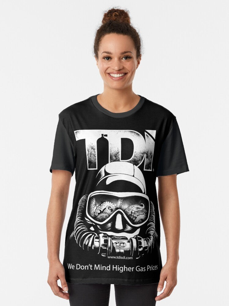 TDI Rebreather High Gas Prices Graphic T-Shirt featuring an octopus and scuba tank design - Women