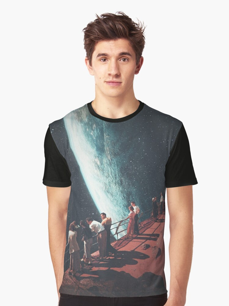 Nostalgic futuristic space retro collage graphic t-shirt design featuring a surreal landscape with planets, stars, and people. - Men