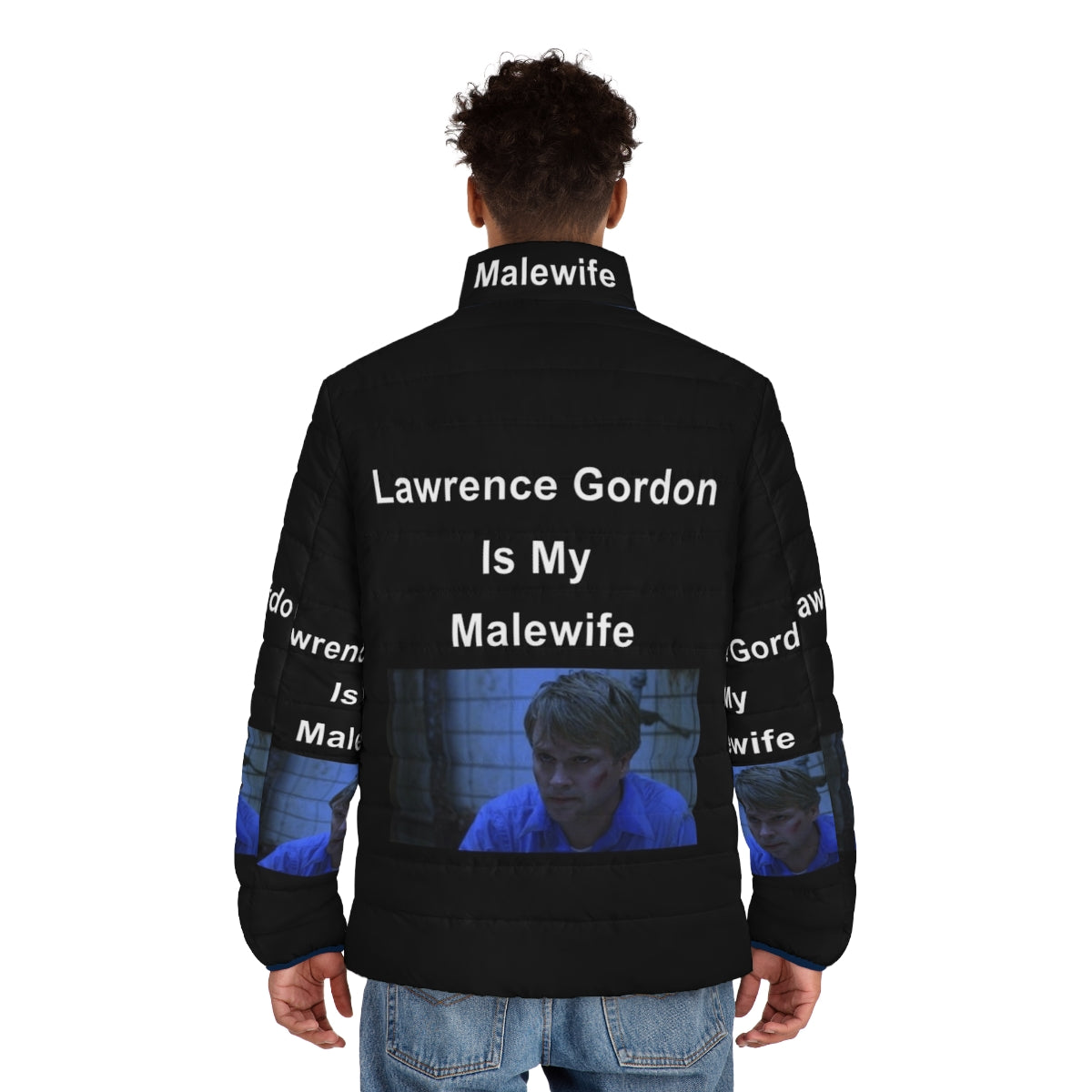 Puffer jacket inspired by the character Lawrence Gordon from the horror movie Saw - men back