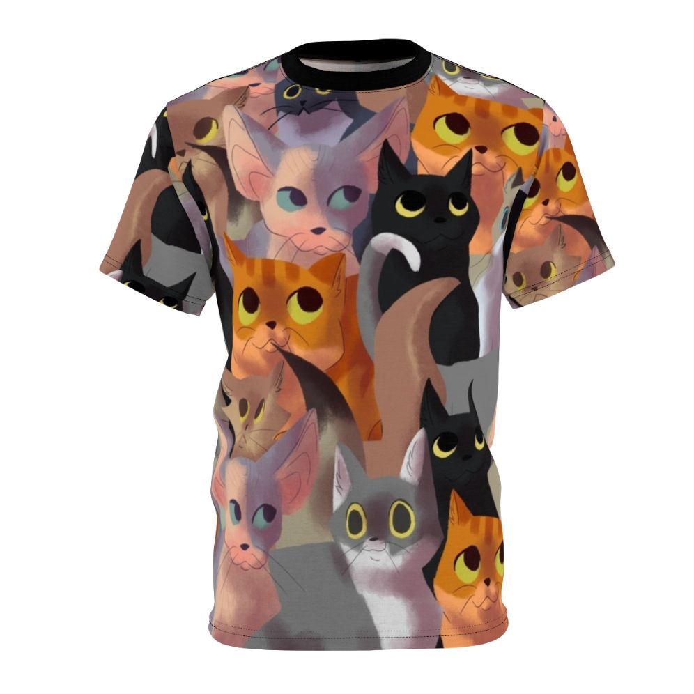 Stylish all-over print t-shirt featuring a vibrant, whimsical cat pattern design