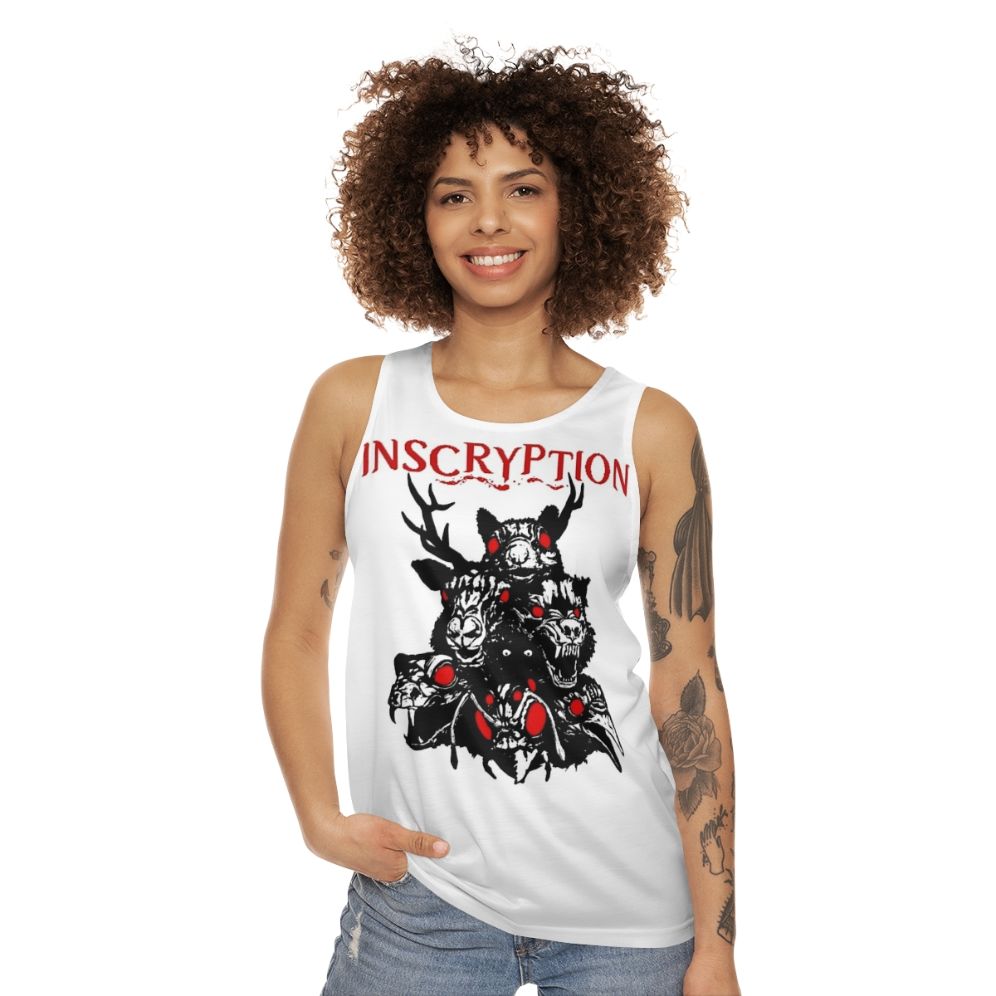 Unisex tank top with totems and inscryption encryption logo design - women