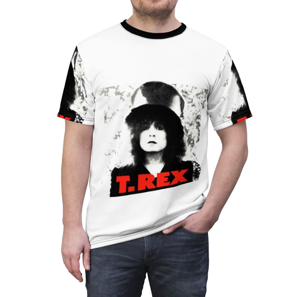 Retro psychedelic t-rex graphic t-shirt with a vintage vinyl, glam rock, and 70s music inspired design - men front