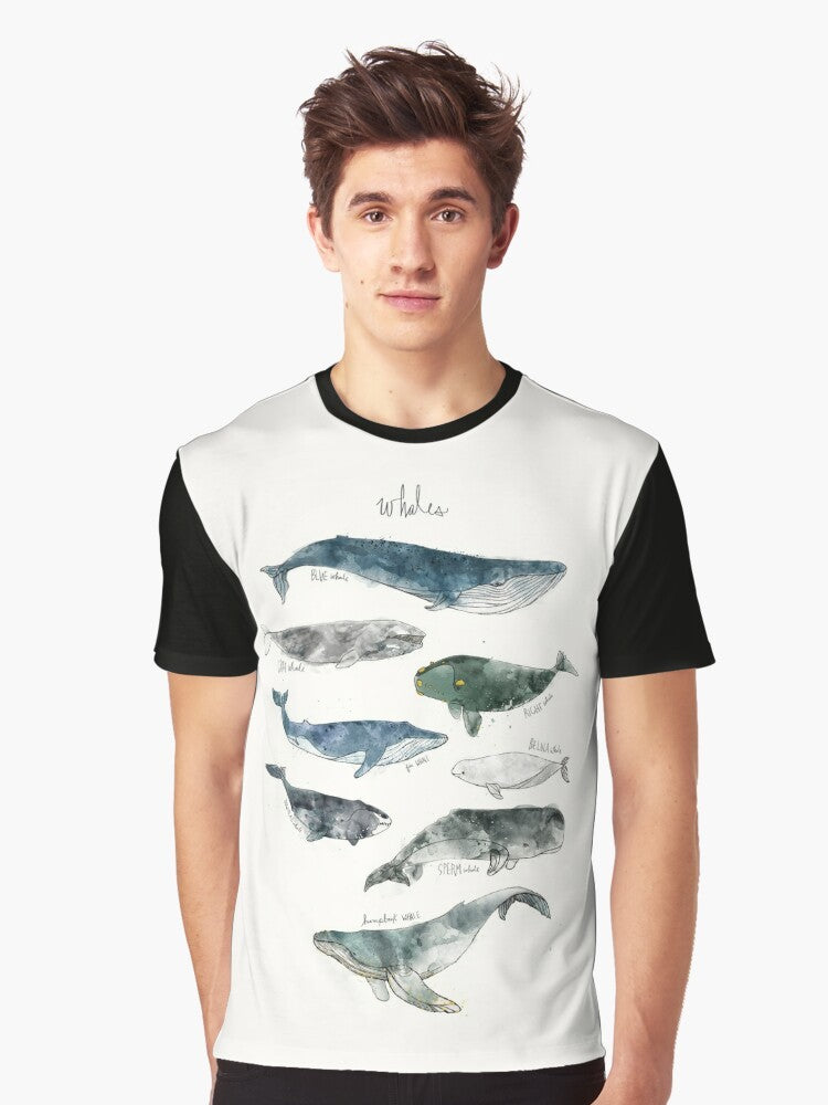 Watercolor illustration of whales, including humpback and beluga whales, on a graphic t-shirt. - Men